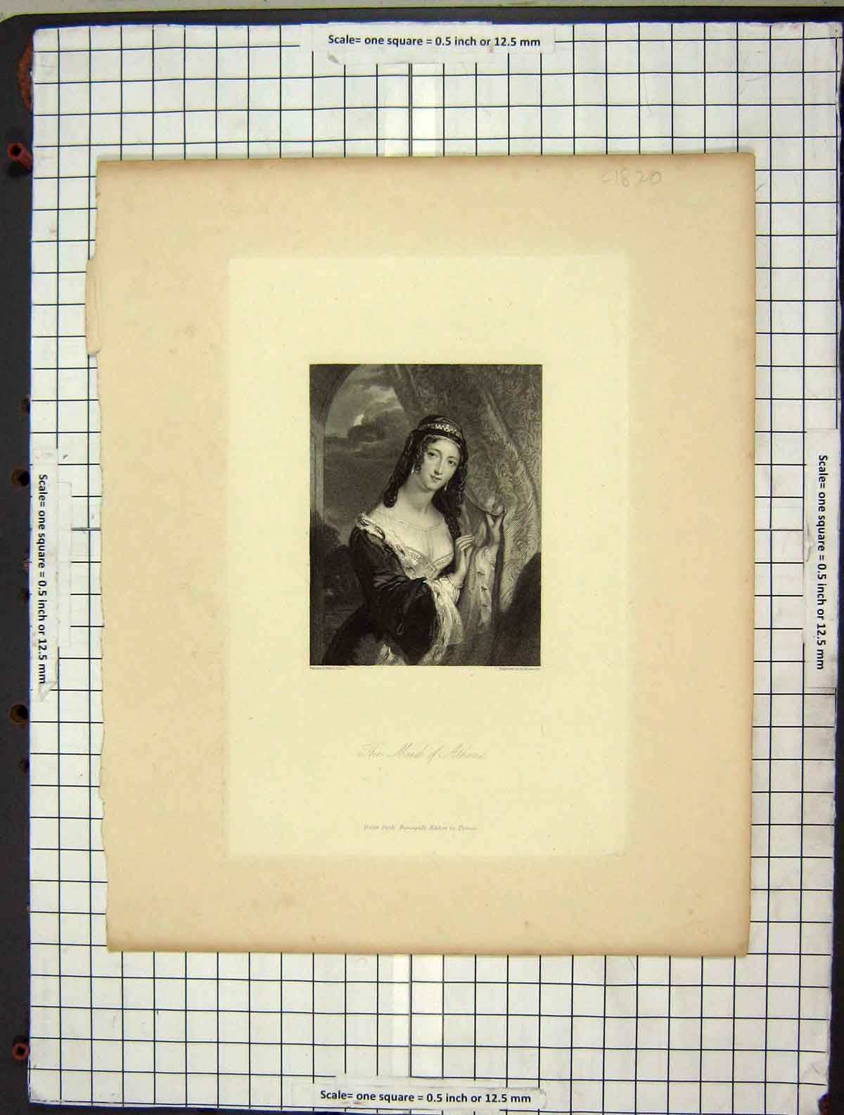 Original Old Antique Print C1880 Portrait Maid Athens Engraving Robinson 19th