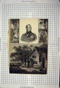 Original Old Antique Print Portrait War Sier Farmhouse Horses Architecture