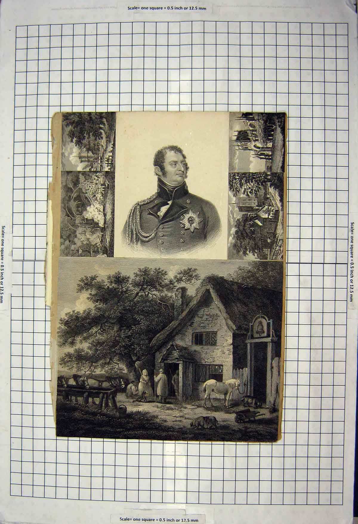 Original Old Antique Print Portrait War Sier Farmhouse Horses Architecture