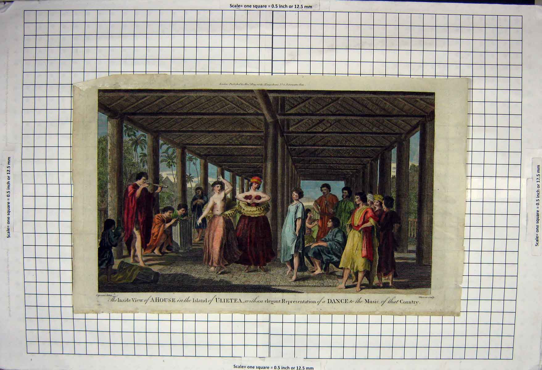 Original Old Antique Print Colour Inside House Island Ulietea Music Dance