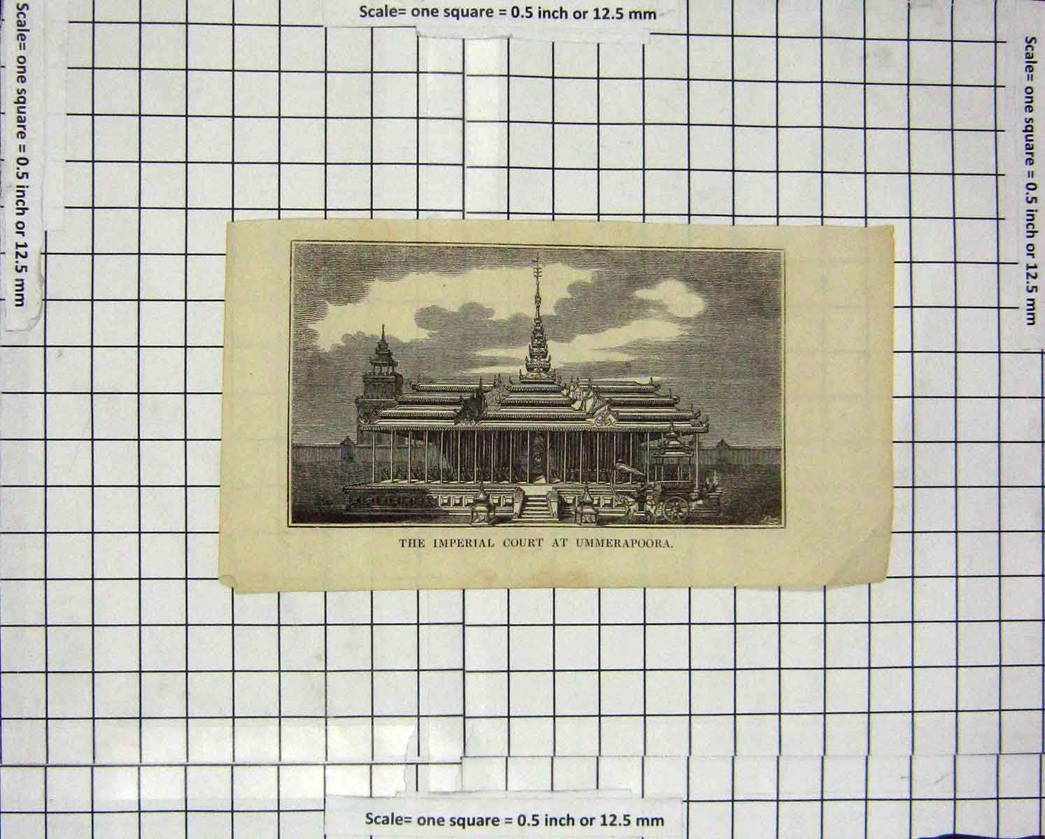 Original Old Antique Print C1800 Imperial Court Ummerapoora Architecture 19th