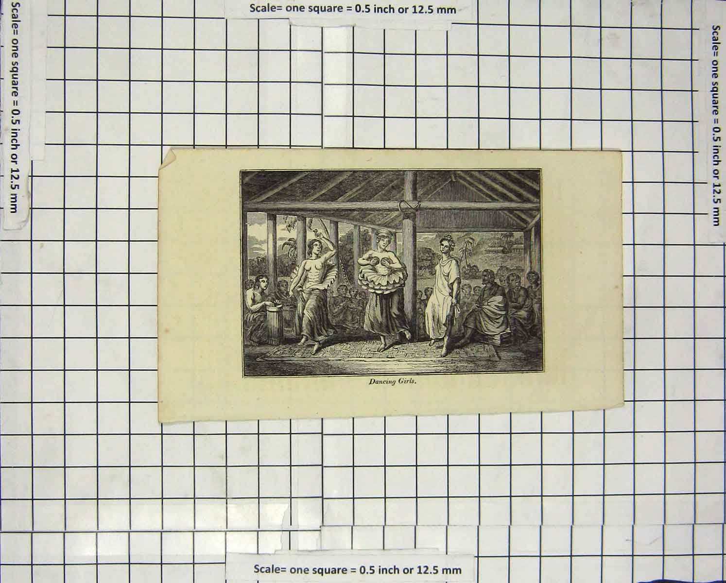 Original Old Antique Print C1800 Dancing Girls Natives Engraving 19th Century