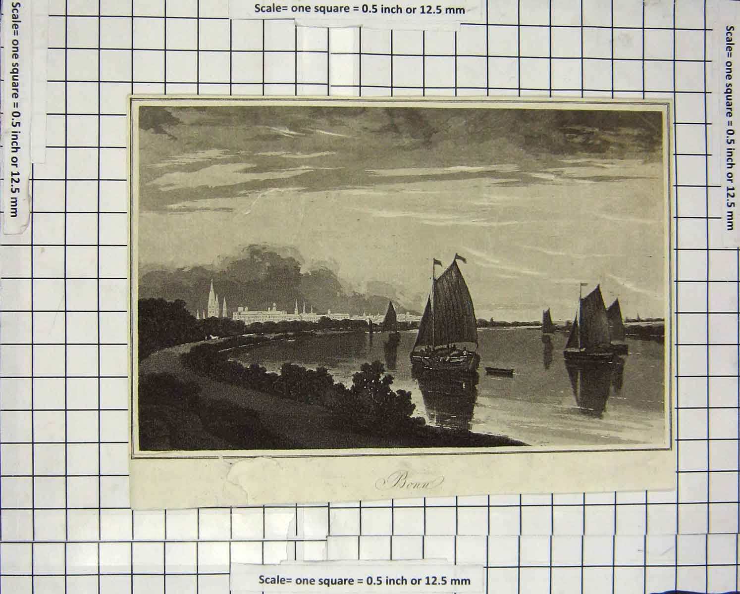 Old Antique Print C1800 View Bonn Germany Yachts Architecture Engraving 19th
