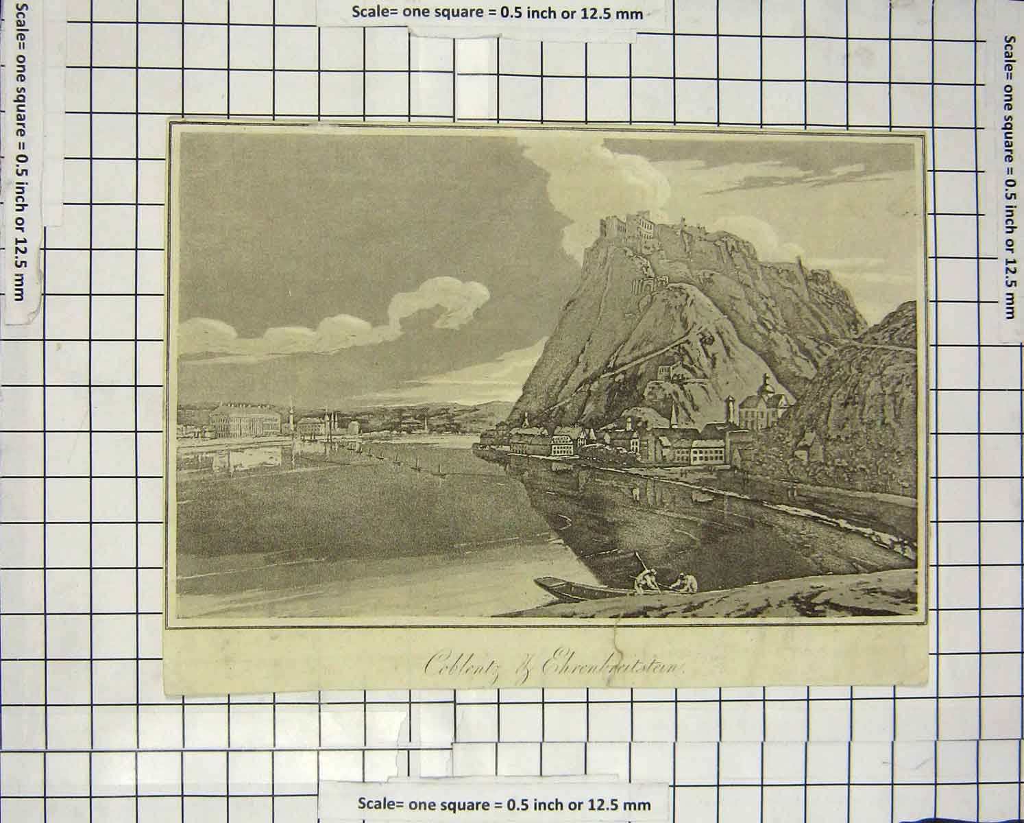 Original Old Antique Print Damaged C1800 Coblentz Ehrenbreitstein Architecture
