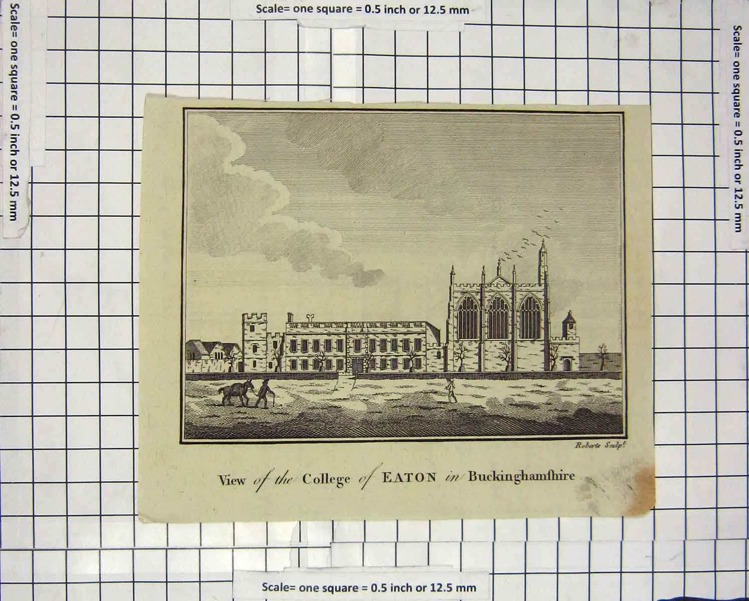 Original Old Antique Print C1800 View College Eaton Buckinghamshire England