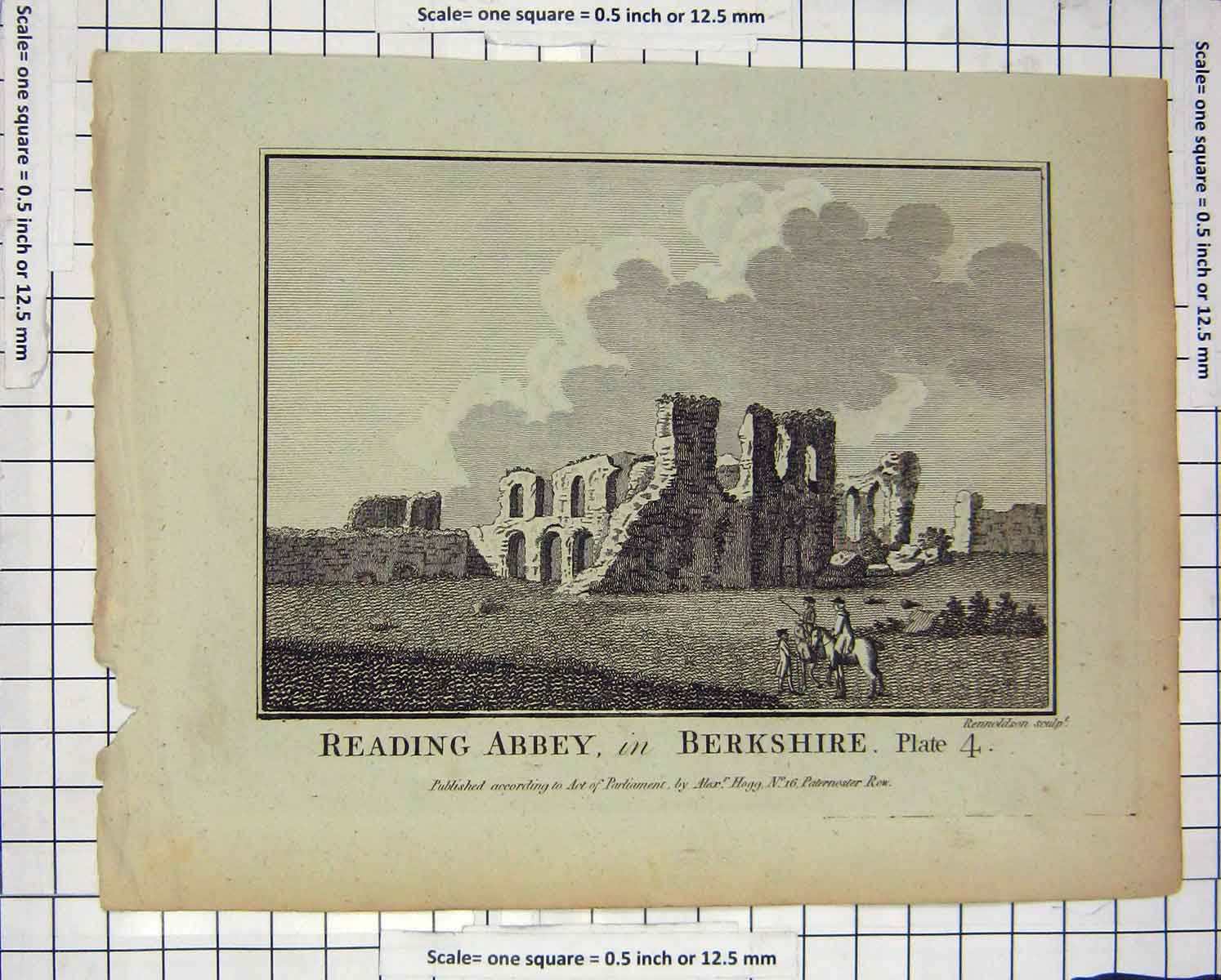 Original Old Antique Print C1800 Reading Abbey Berkshire Ruins Engraving 19th