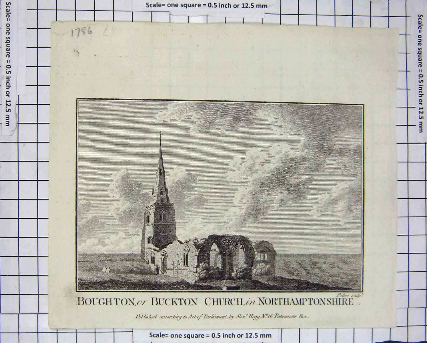 Old Antique Print C1800 Boughton Buckton Church Northamptonshire Peltro 19th
