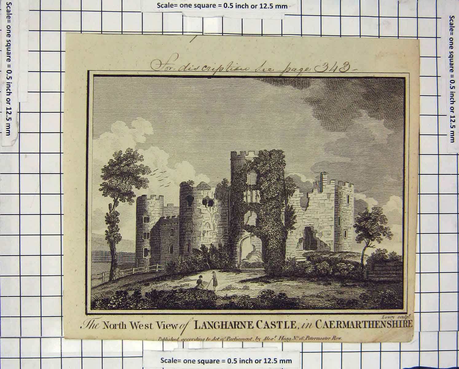 Original Old Antique Print C1800 View Langharne Castle Caermarthenshire Lowry