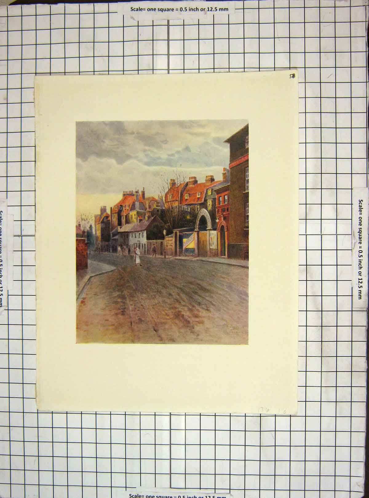 Original Old Vintage Print C1930 Colour Street Scene Houses People 20th Century