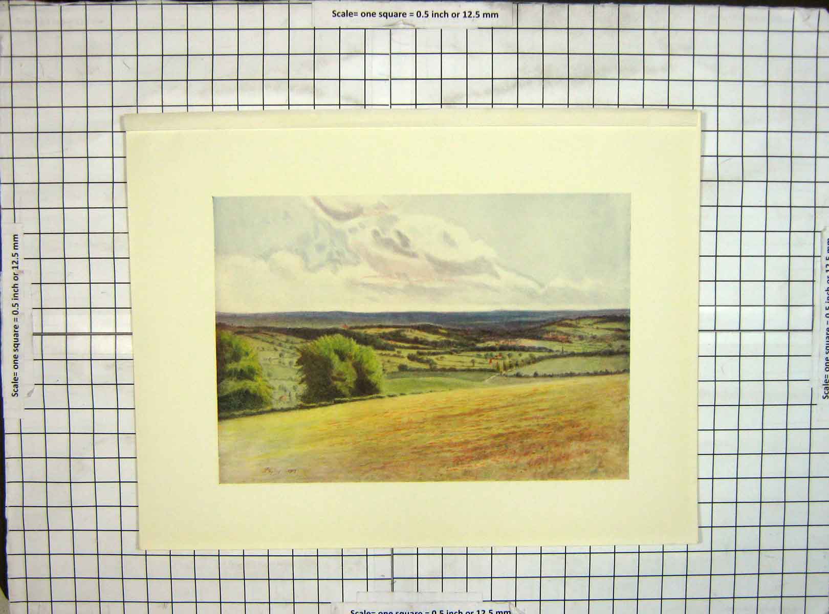 Original Old Antique Print 1912 Landscape View Churchyard Tatsfield Colour 20th