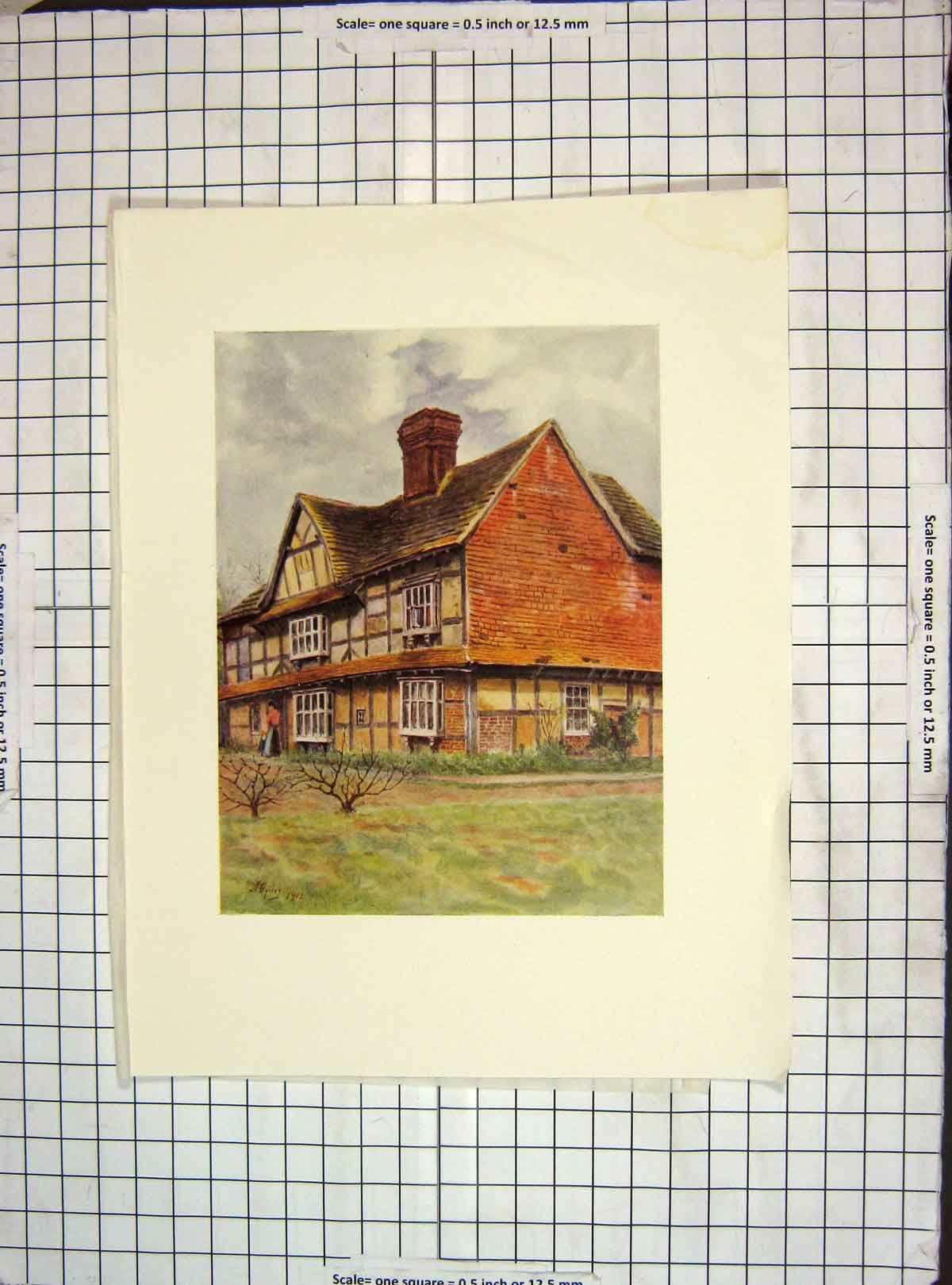 Original Old Antique Print 1912 Mansion House Volven Farm Ockley Colour 20th