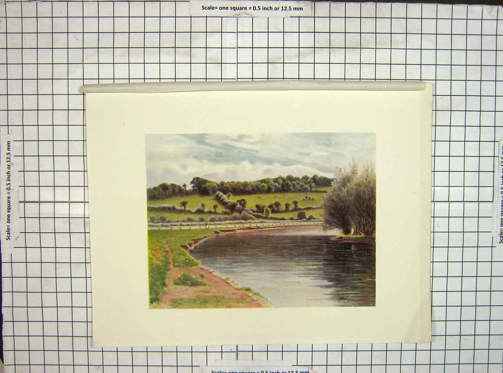 Original Old Vintage Print C1930 Landscape Colour View Runneymead River 20th