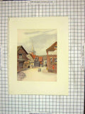 Original Old Antique Print 1912 Street Scene View Lingfield Houses Colour 20th
