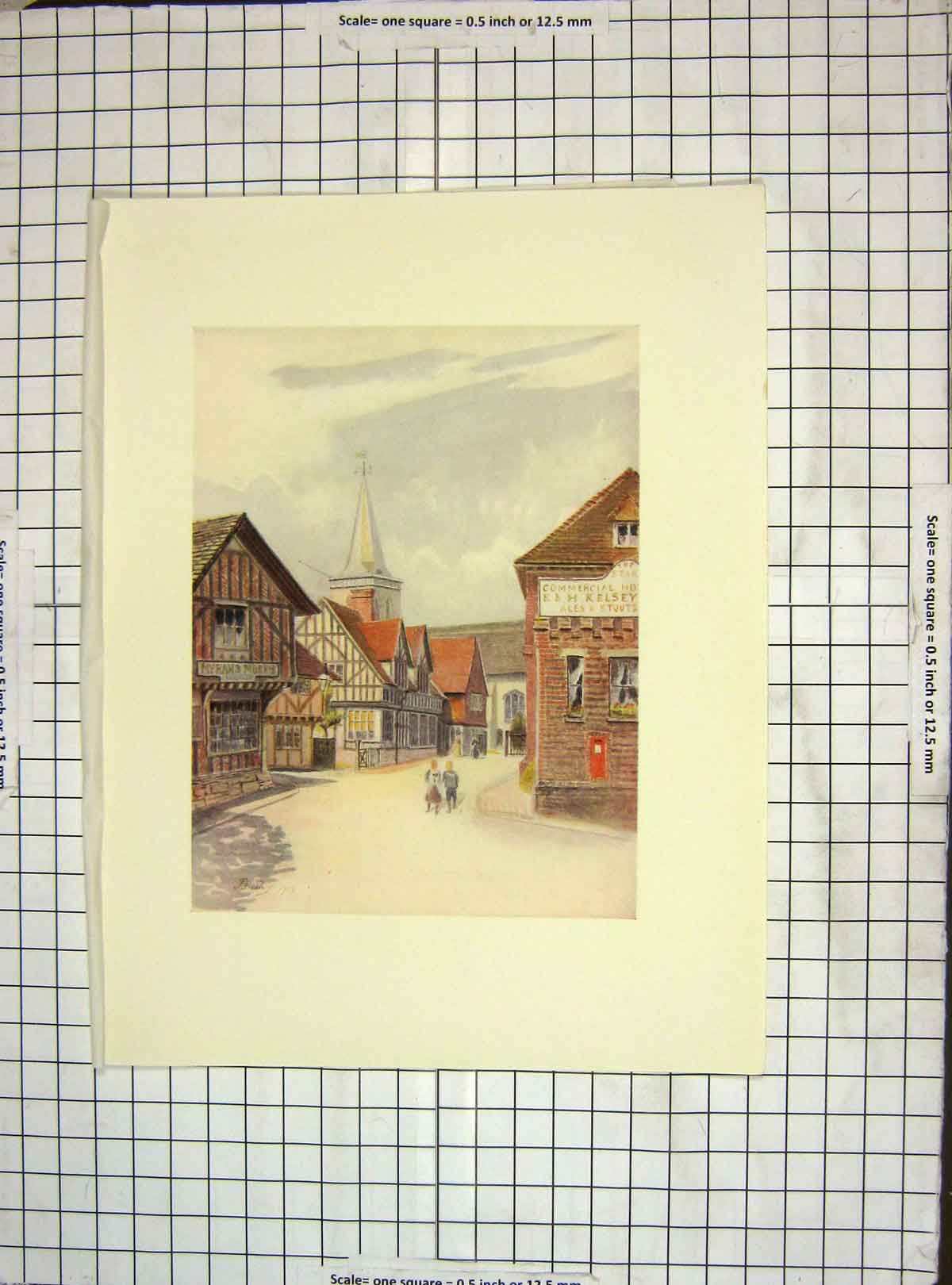 Original Old Antique Print 1912 Street Scene View Lingfield Houses Colour 20th