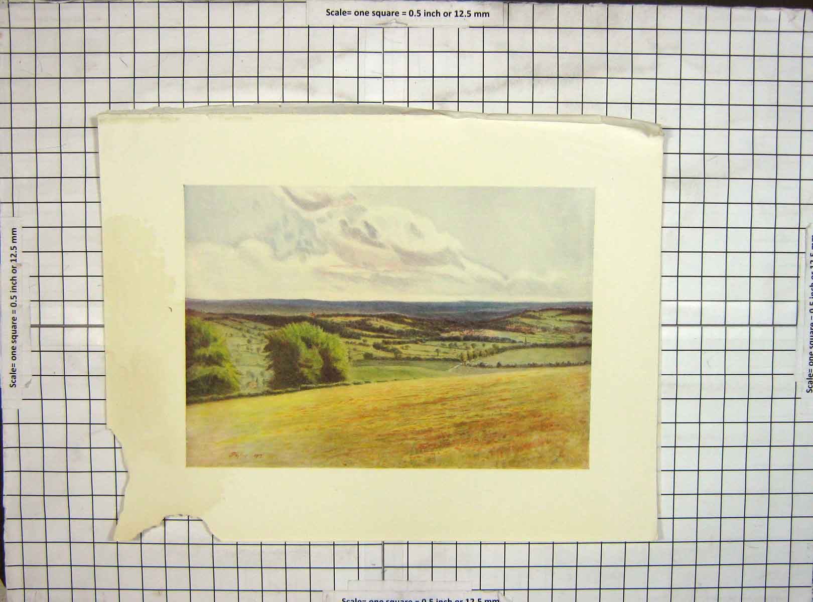 Original Old Antique Print 1912 Damaged Landscape View Churchyard Tatsfield