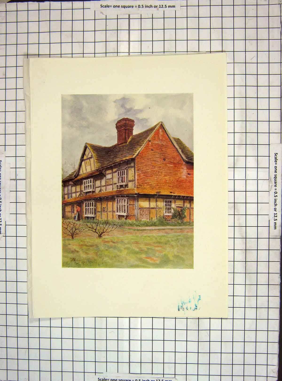 Original Old Antique Print 1912 Colour View Volven Farm House Bekley 20th