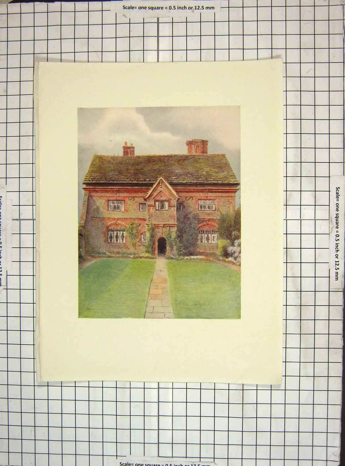Original Old Vintage Print C1930 Colour Mansion House Crossway Farm 20th