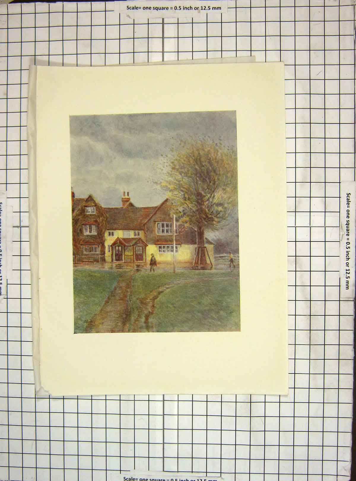 Original Old Antique Print 1911 Colour Abinger Hatch Inn House 20th Century