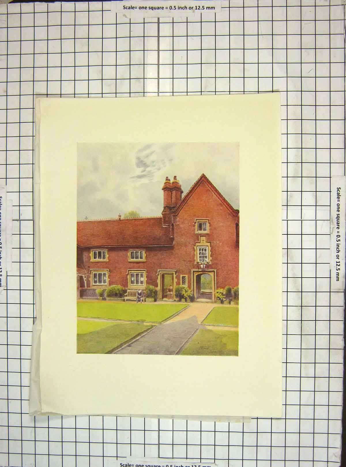 Original Old Vintage Print C1930 Whitgift Hospital Building Croydon Colour 20th