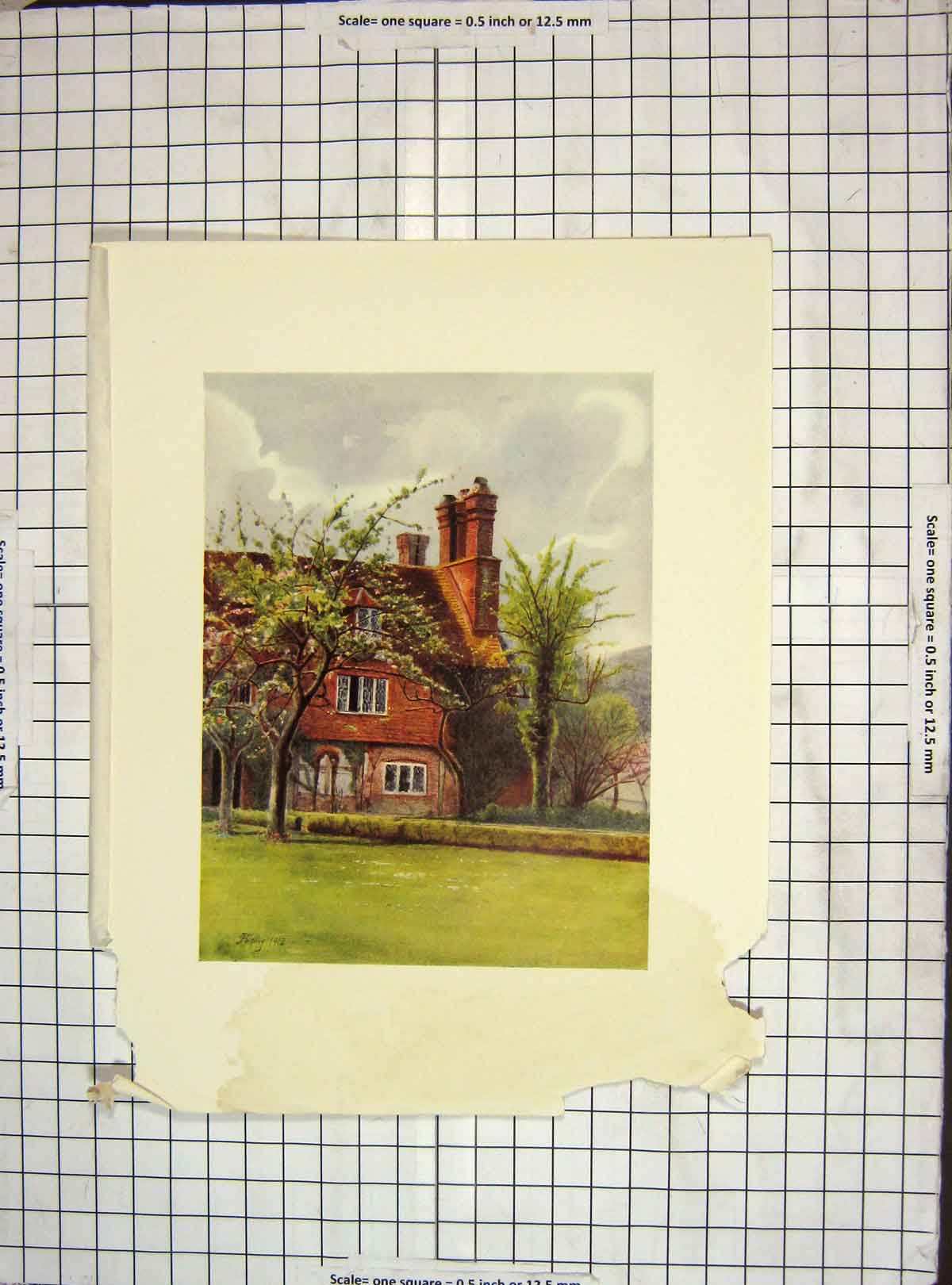 Original Old Antique Print 1913 Damaged View Tenchleys Manour House Garden 20th