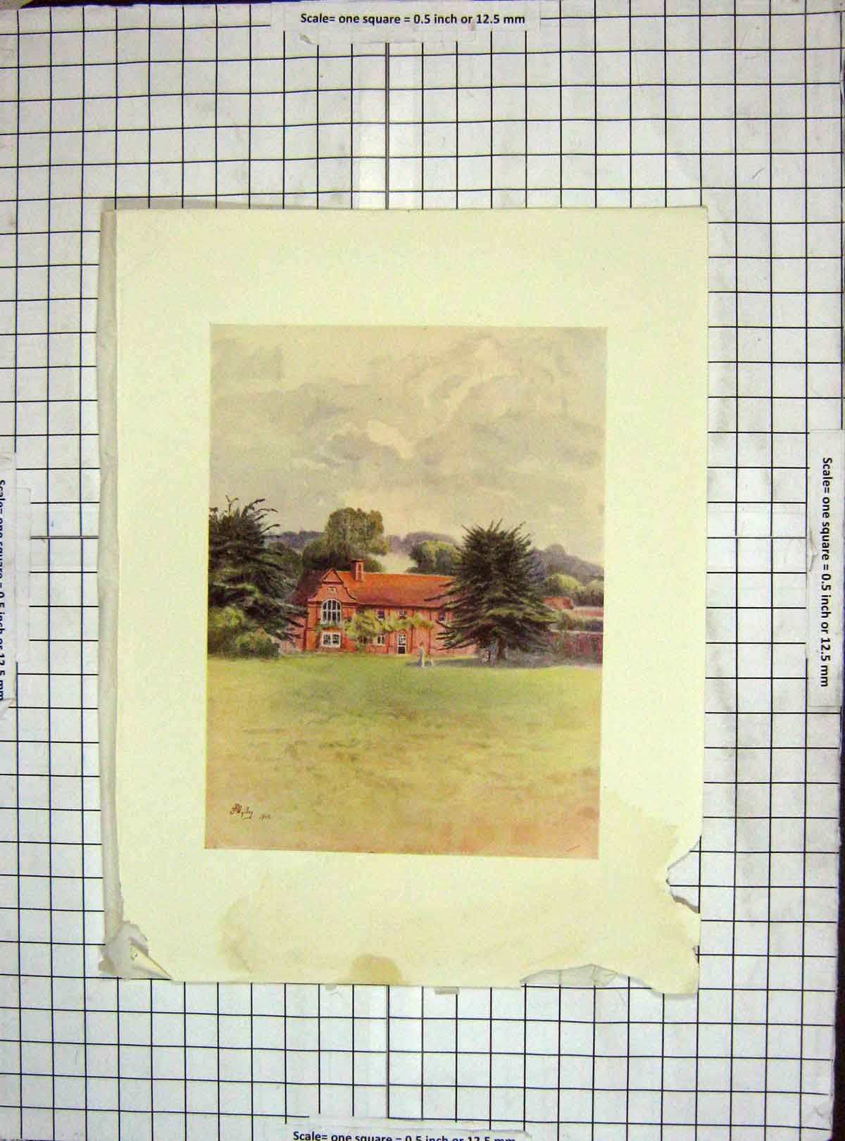 Original Old Antique Print 1912 Damaged View Slyfield Place Mansion House 20th