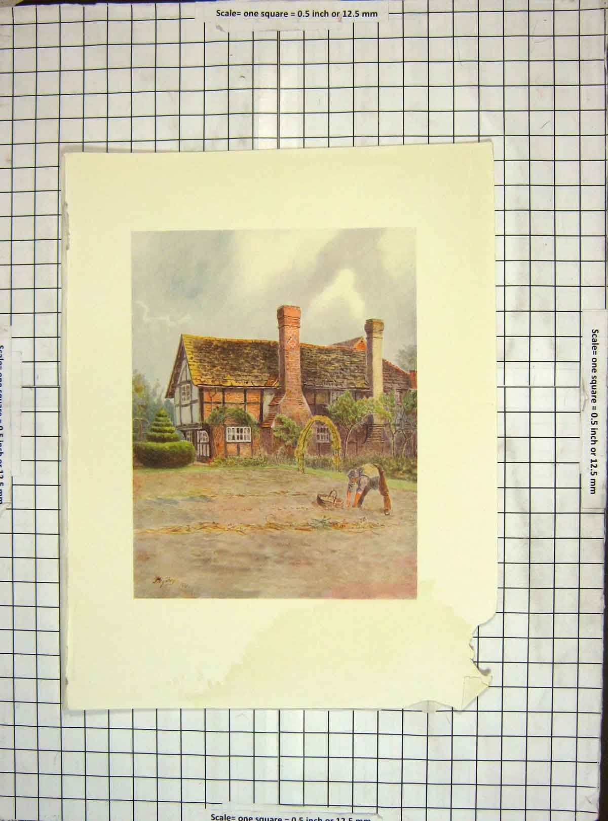 Original Old Vintage Print C1930 Damaged Colour View AlfHouse Farm 20th Century