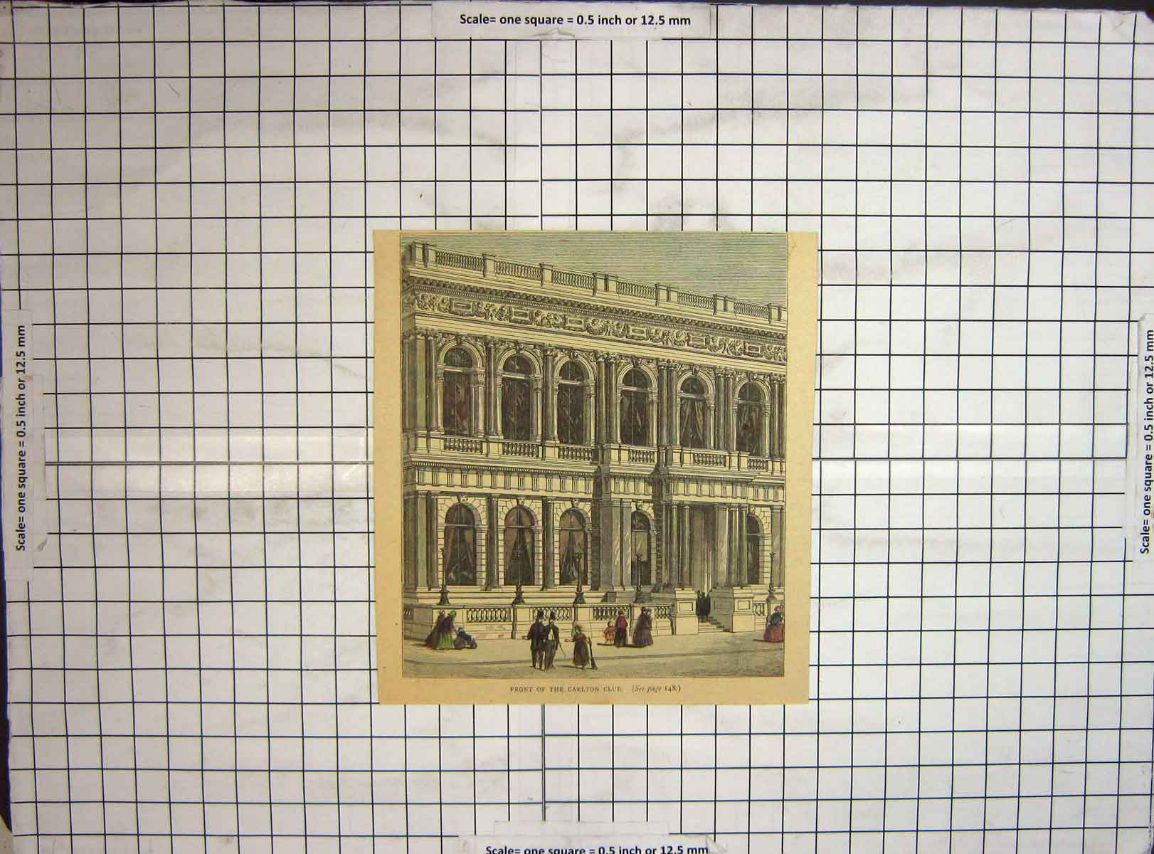 Original Old Antique Print Hand Coloured Carlton Club Architecture