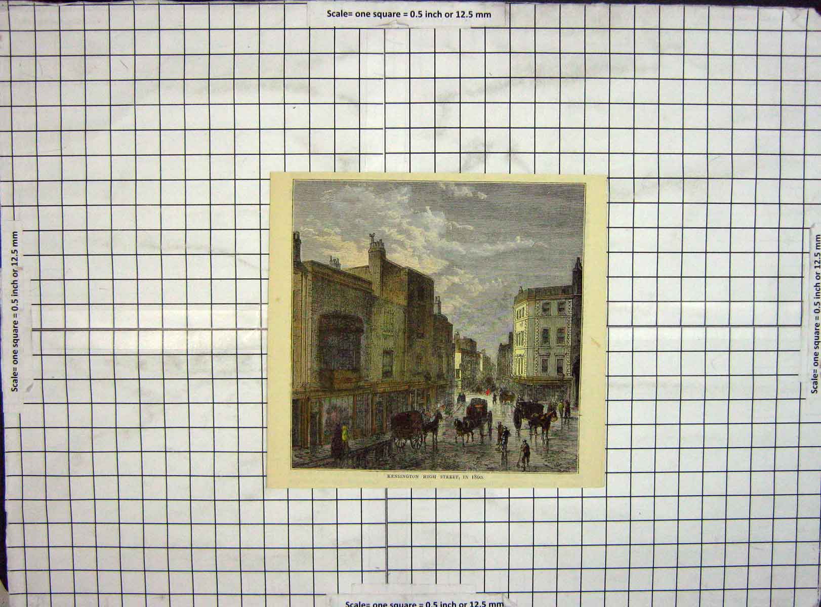 Original Old Antique Print Hand Coloured 1860 Kensington High Street Scene 19th