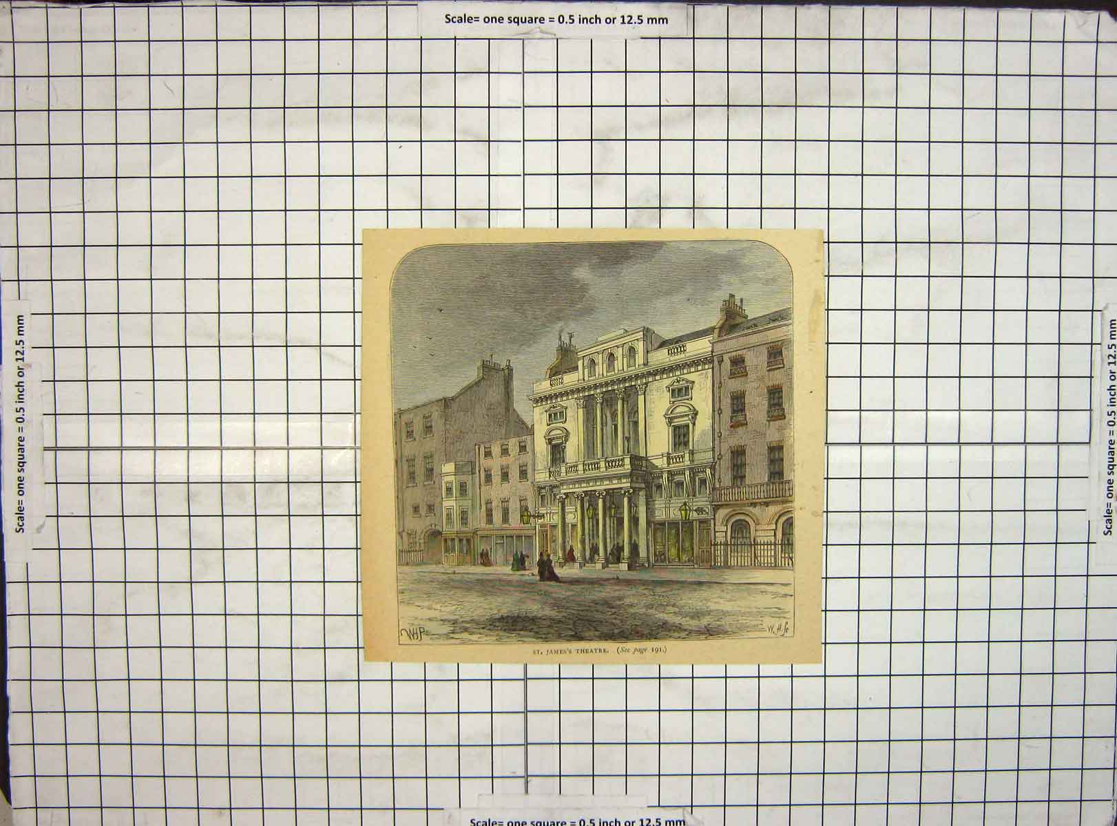 Original Old Antique Print Hand Coloured Architecture St. James Theatre