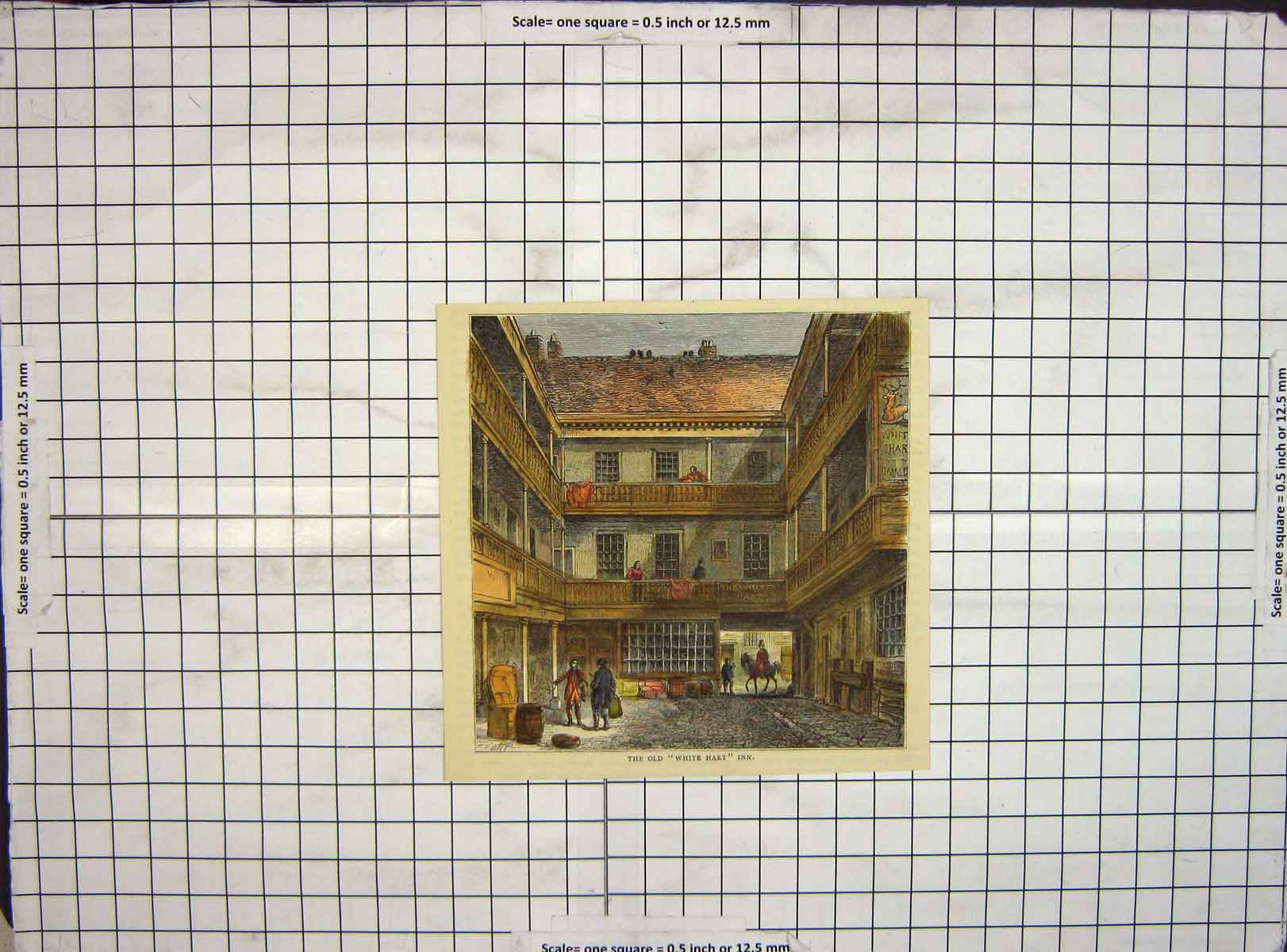 Original Old Antique Print Hand Coloured White Heart Inn Building