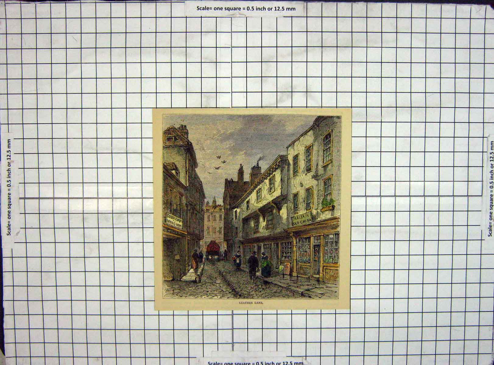 Original Old Antique Print Hand Coloured Leather Lane Shops Buildings
