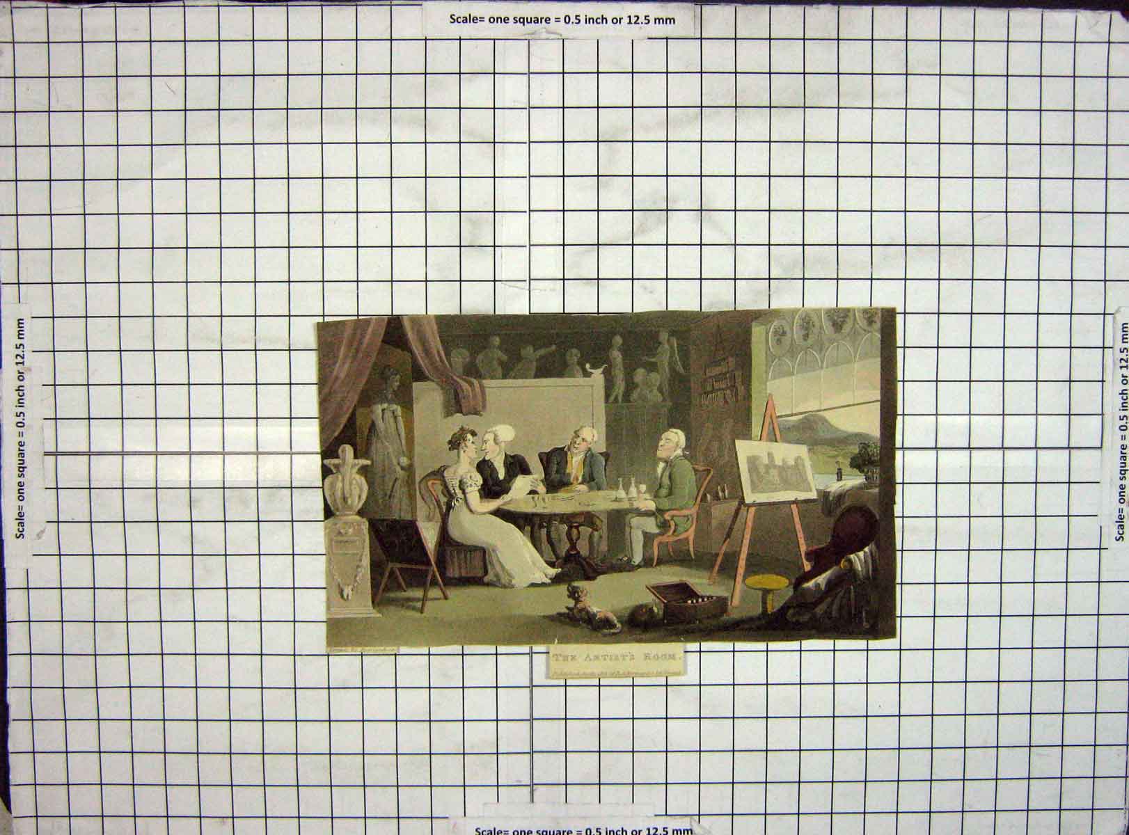 Original Old Antique Print Hand Coloured 1821 Artists Room Painting Statue 19th