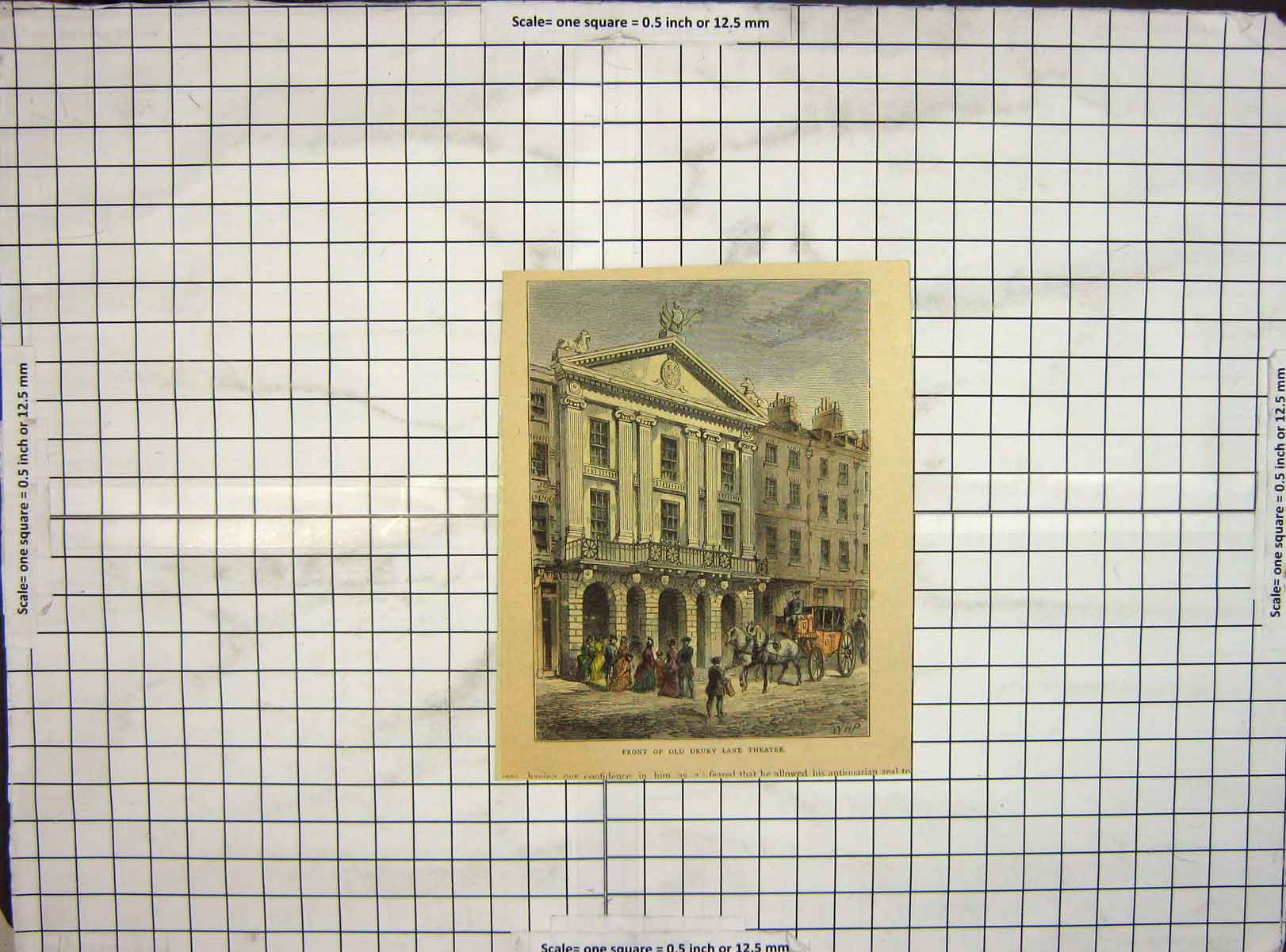 Original Old Antique Print Hand Coloured Drury Lane Theatre Building