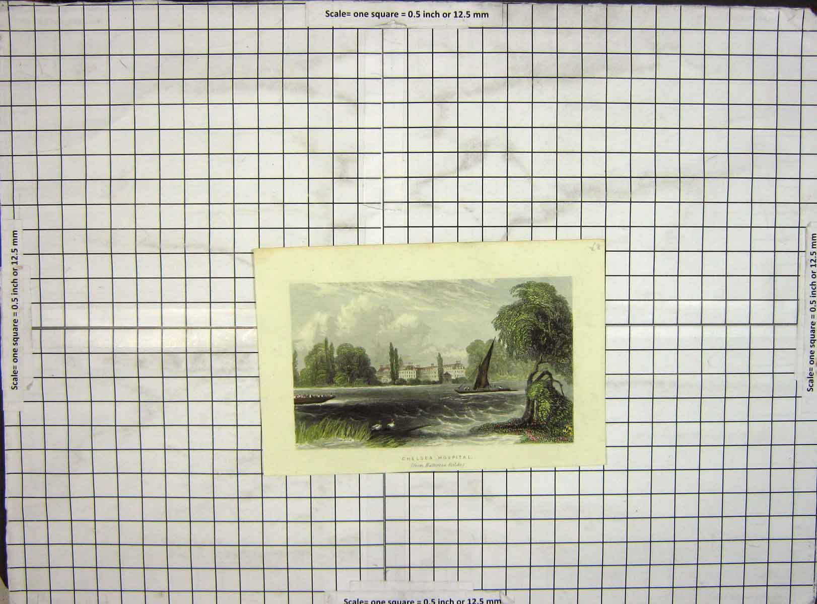 Original Old Antique Print Hand Coloured Chelsea Hospital Battersea Fields