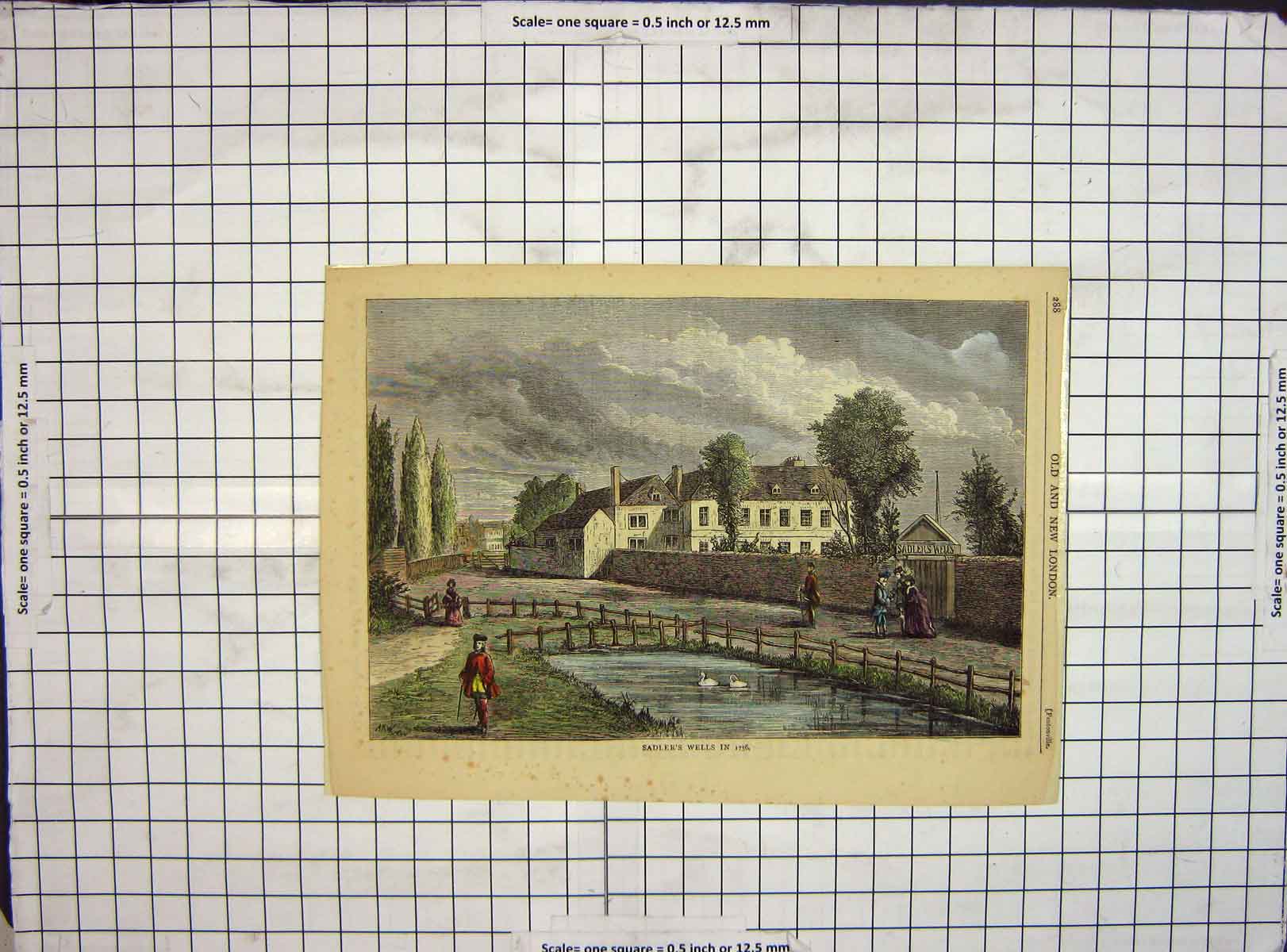 Original Old Antique Print Hand Coloured 1756 Sadlers Wells Houses Pond