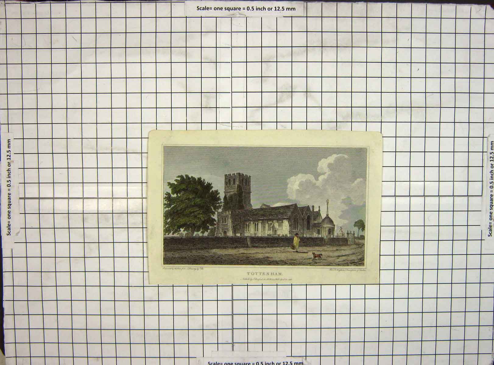 Original Old Antique Print 1806 Hand Coloured View Tottenham Church 19th