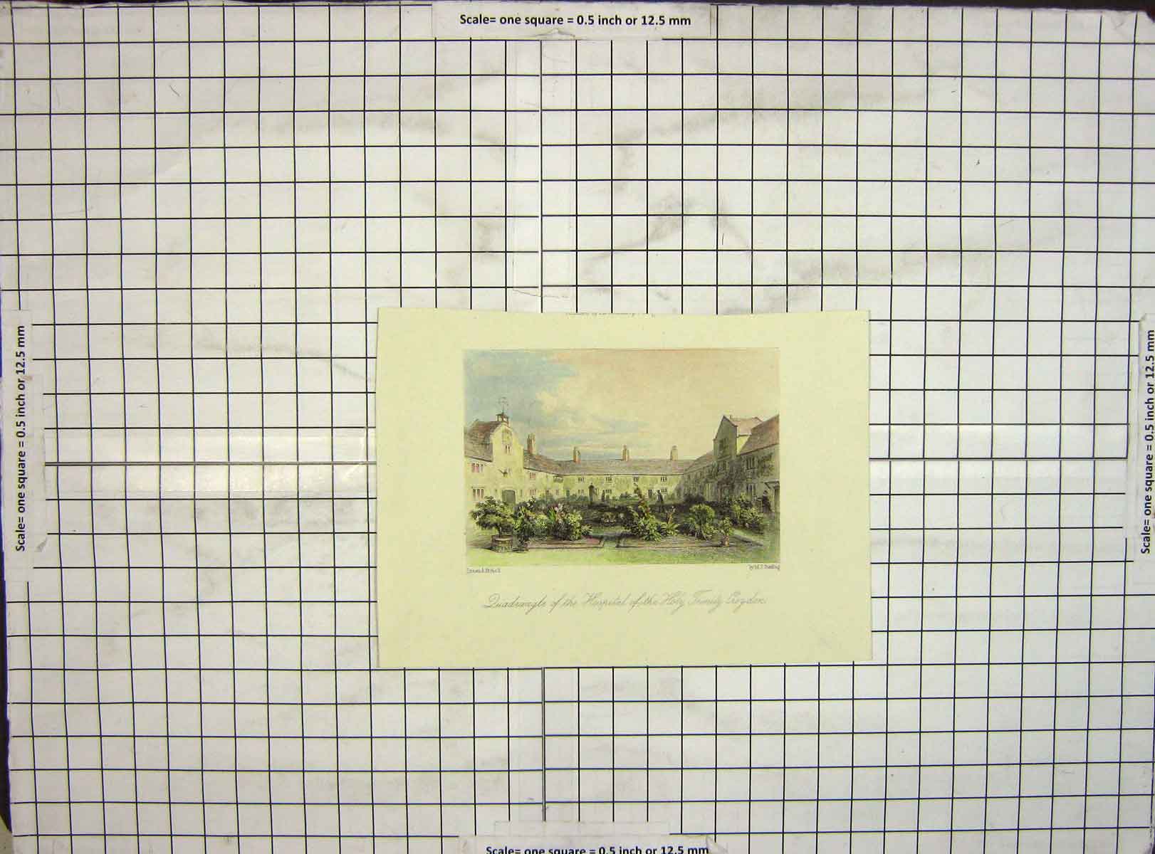 Old Antique Print Hand Coloured Quadrangle Hospital Holy Trinity Croydon