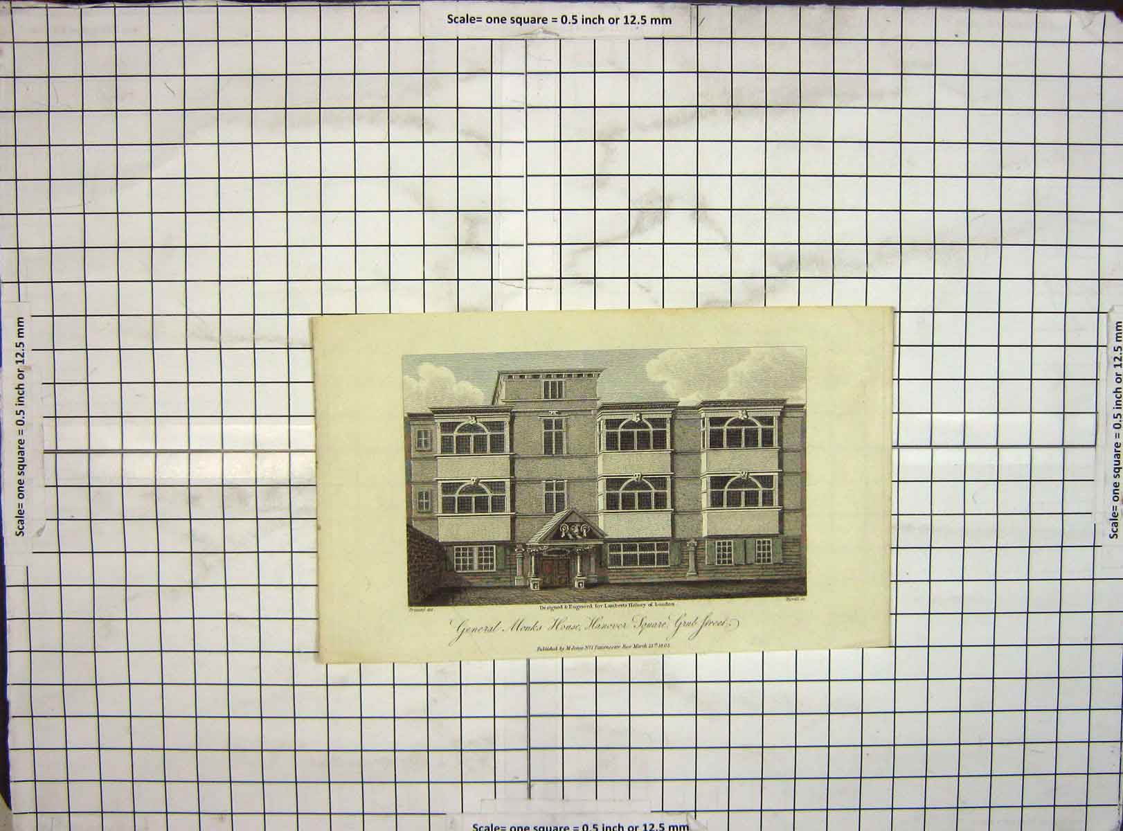 Original Old Antique Print 1805 Coloured Monks House Hanover Grub Street 19th