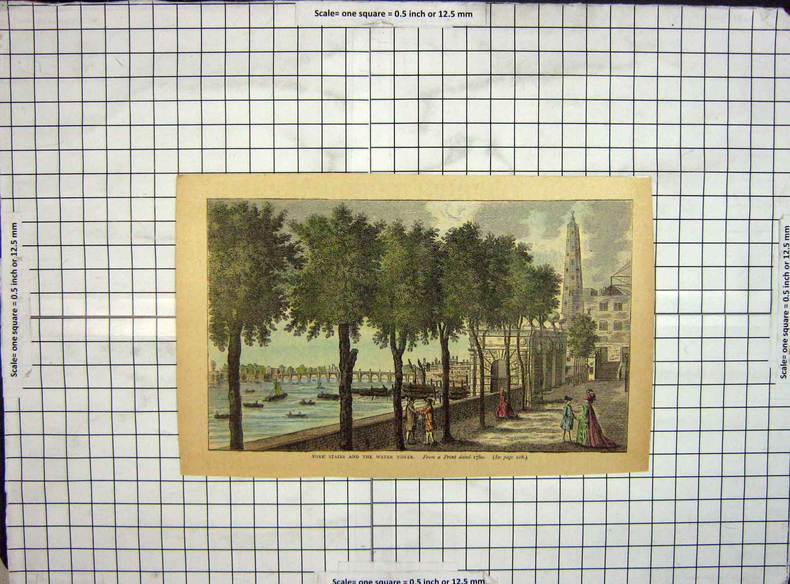 Original Old Antique Print Hand Coloured 1780 York Stairs Water Tower 18th