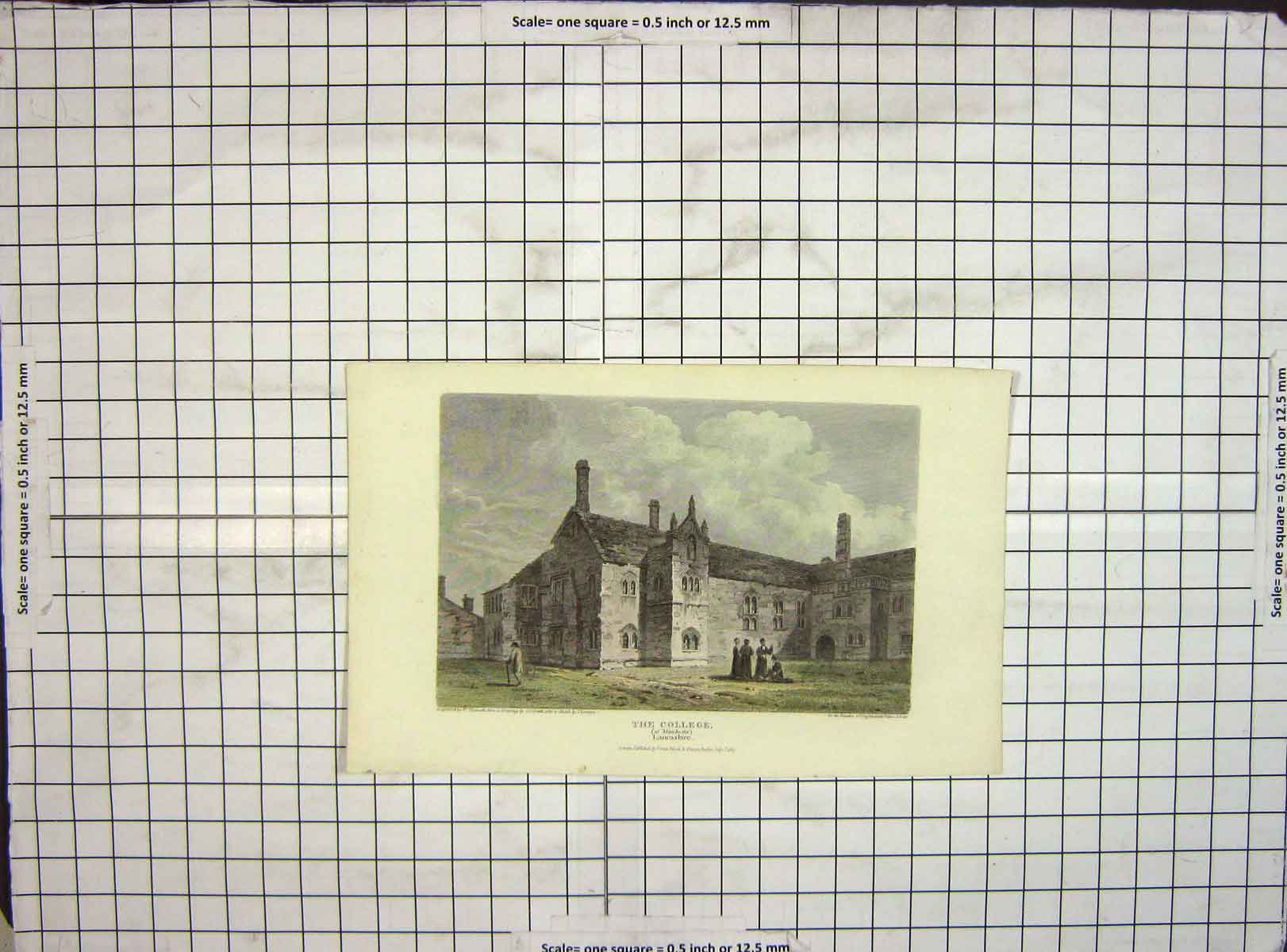 Original Old Antique Print 1807 Hand Coloured College Manchester Woolnoth 19th