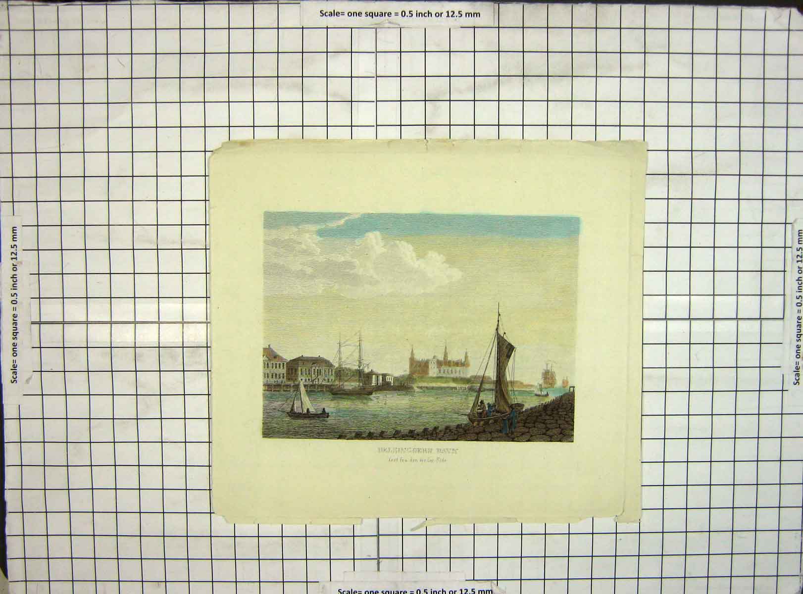Original Old Antique Print Hand Coloured Helsingoers Havn Ship Boats