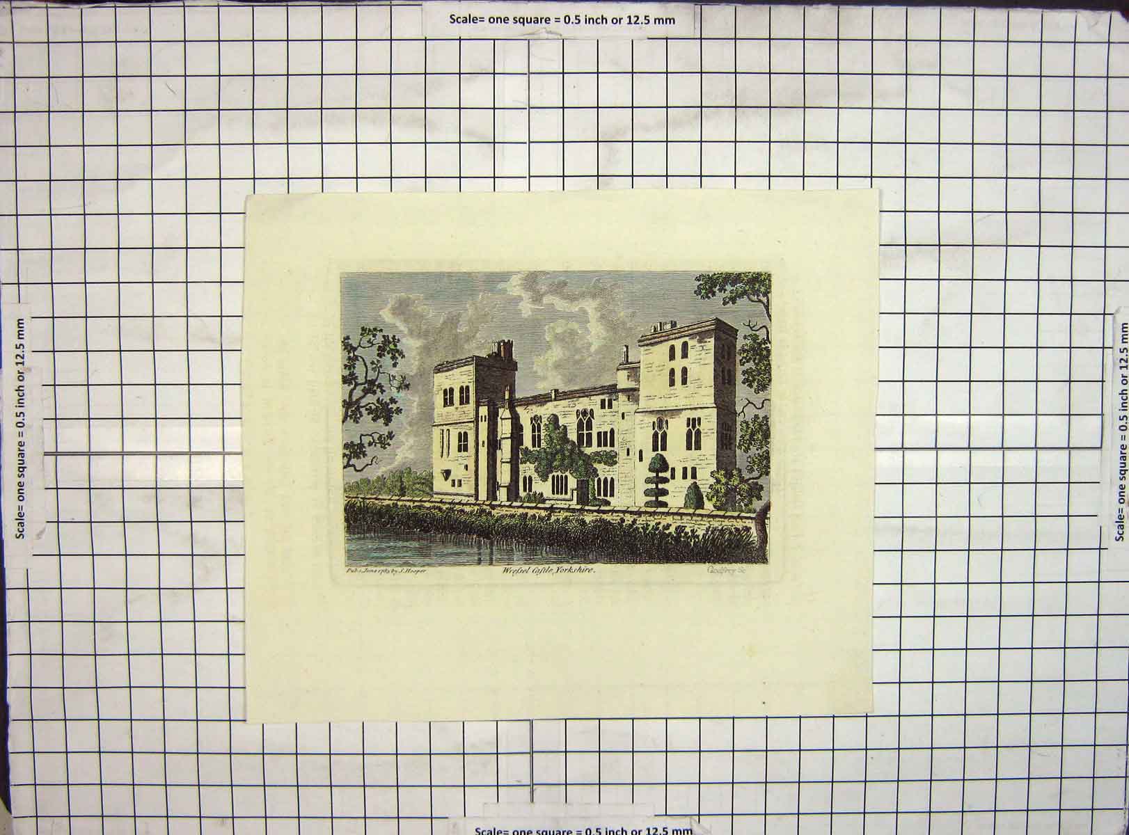 Original Old Antique Print 1785 Hand Coloured Hooper Wressel Castle Yorkshire