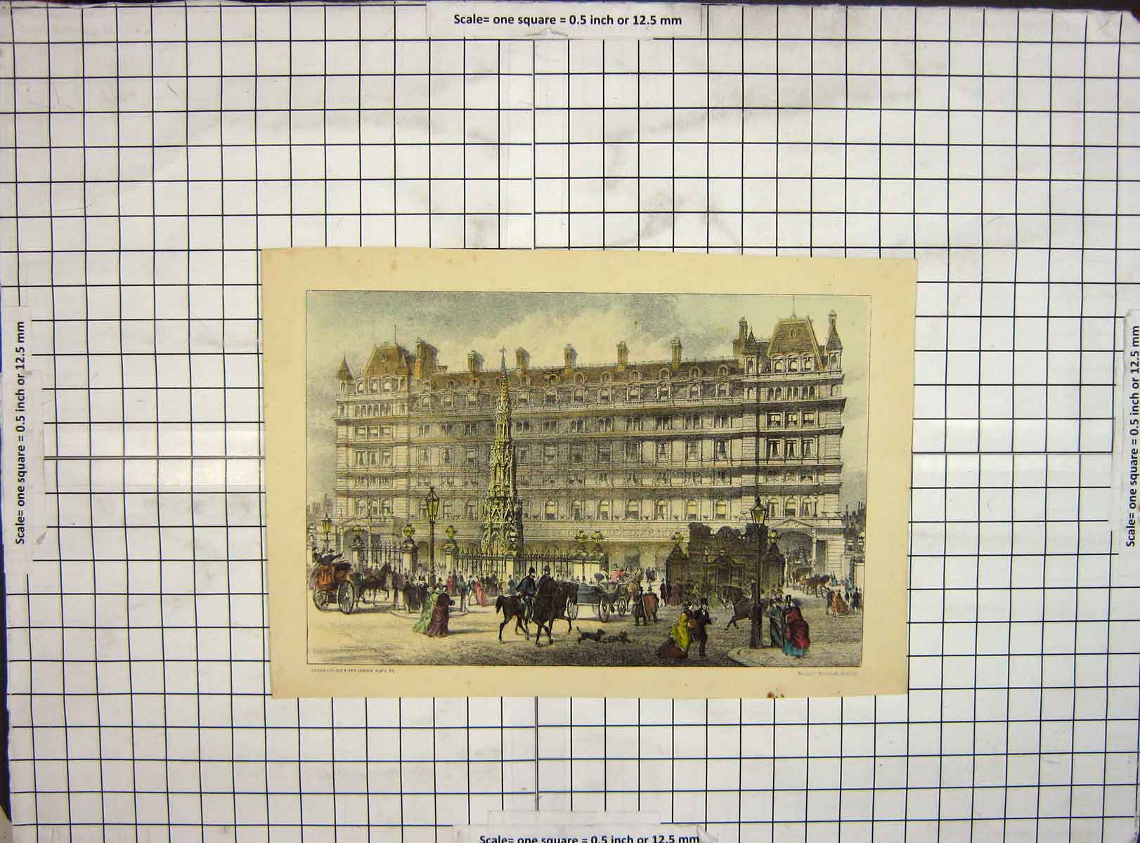 Original Old Antique Print Hand Coloured Street Scene Architecture