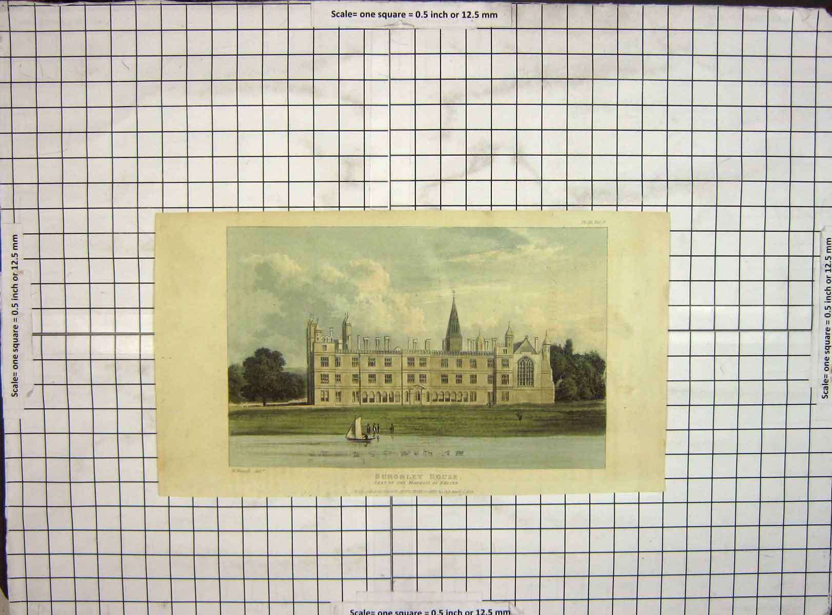 Original Old Antique Print 1825 Hand Coloured Burghley House Marquis Exeter