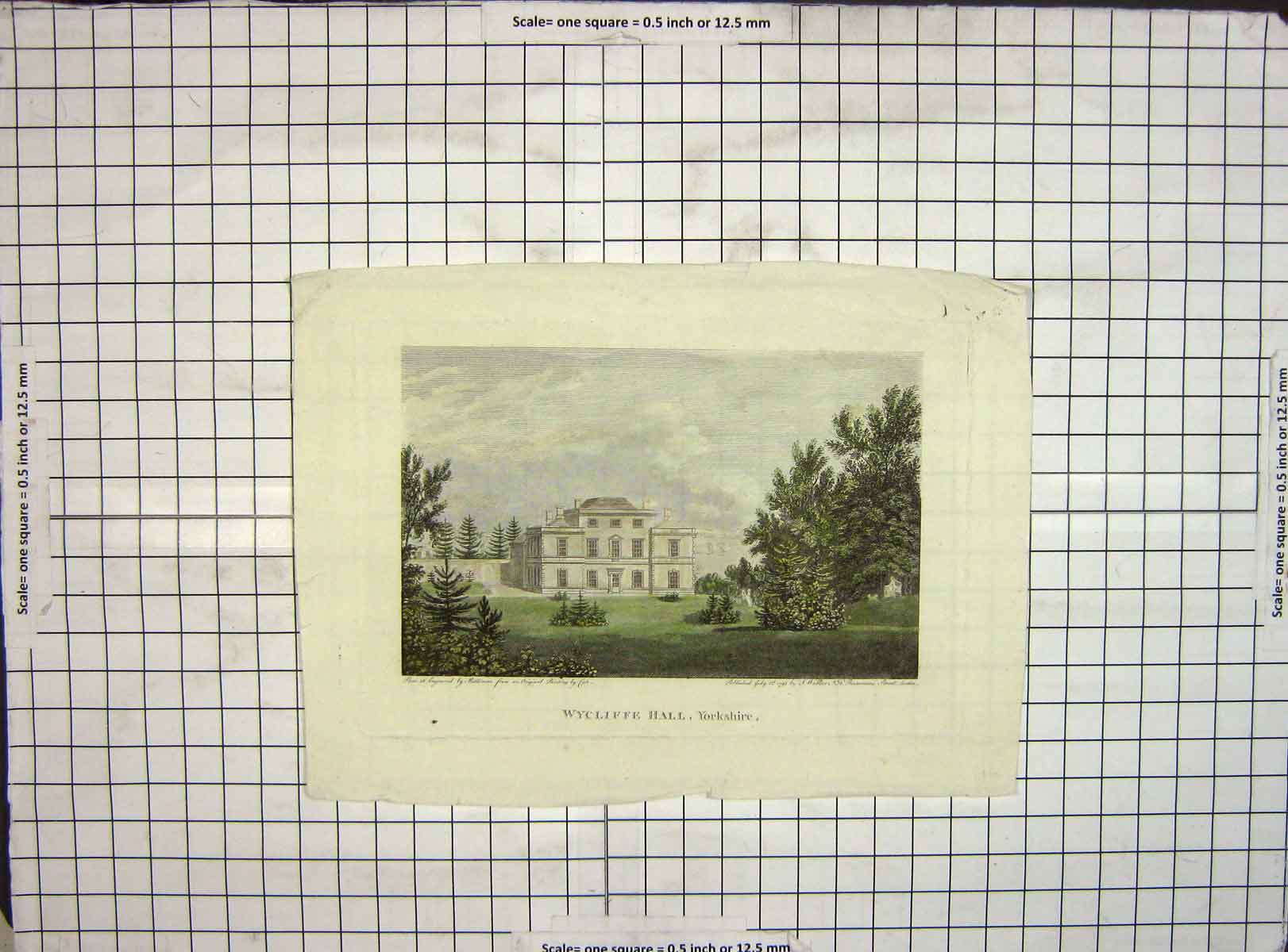 Original Old Antique Print Hand Coloured 1793 Wycliffe Hall Yorkshire Walker