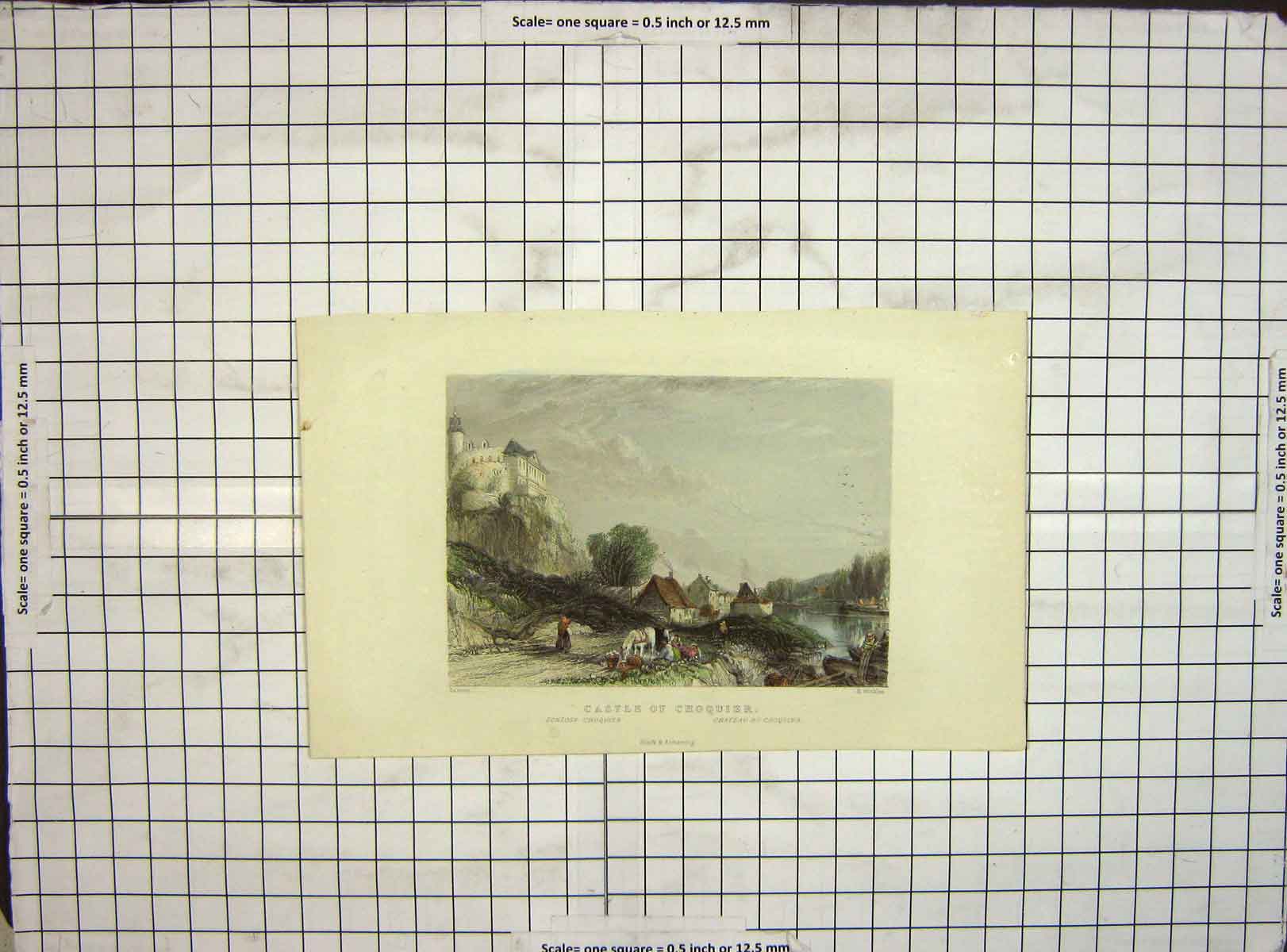 Original Old Antique Print Hand Coloured Castle Choquier Salmon Winkles