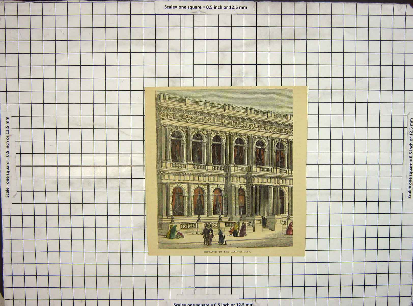 Original Old Antique Print Hand Coloured View Entrance Carlton Club 18th