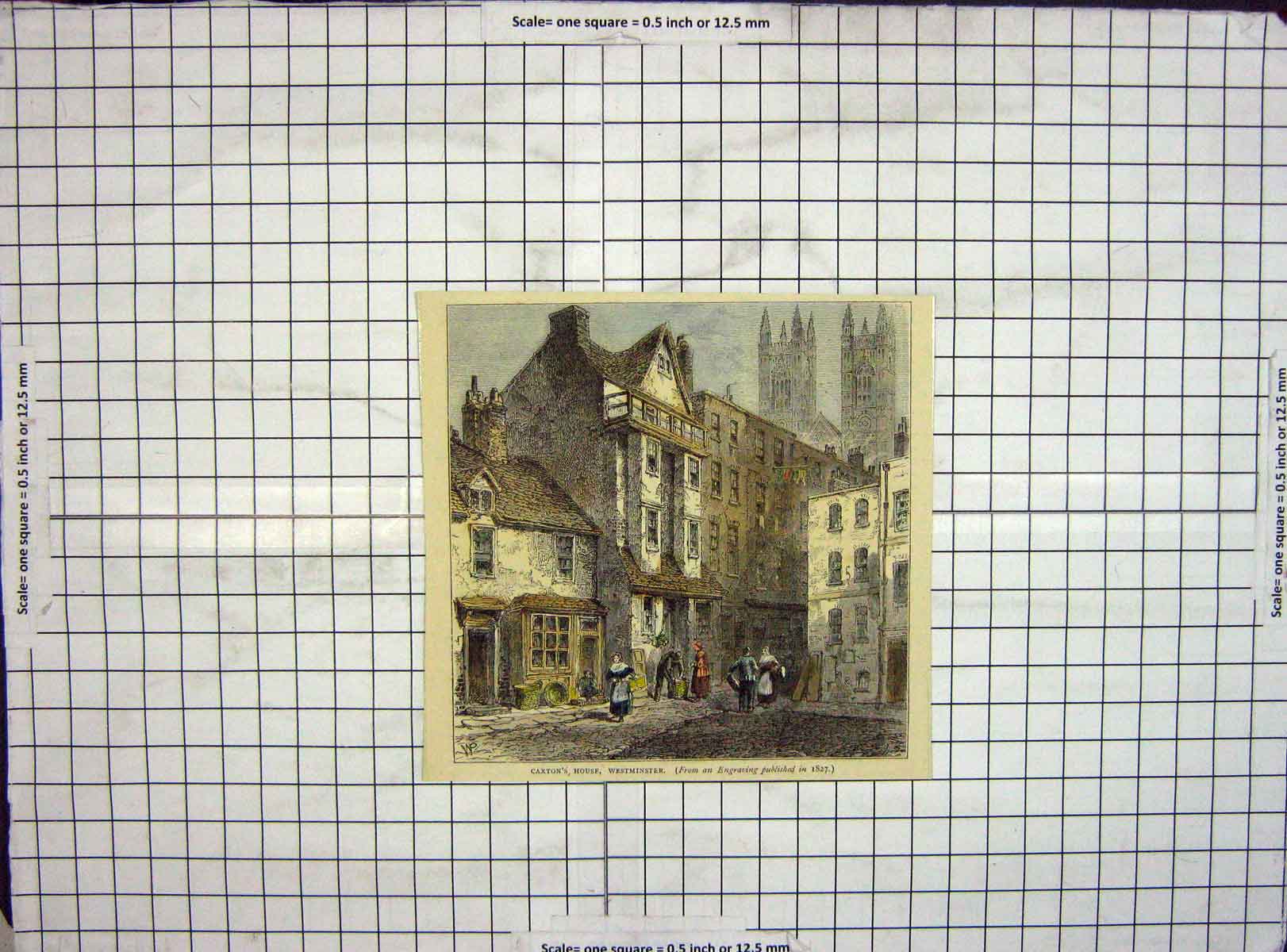 Original Old Antique Print Hand Coloured 1827 Caxton House Westminster 19th