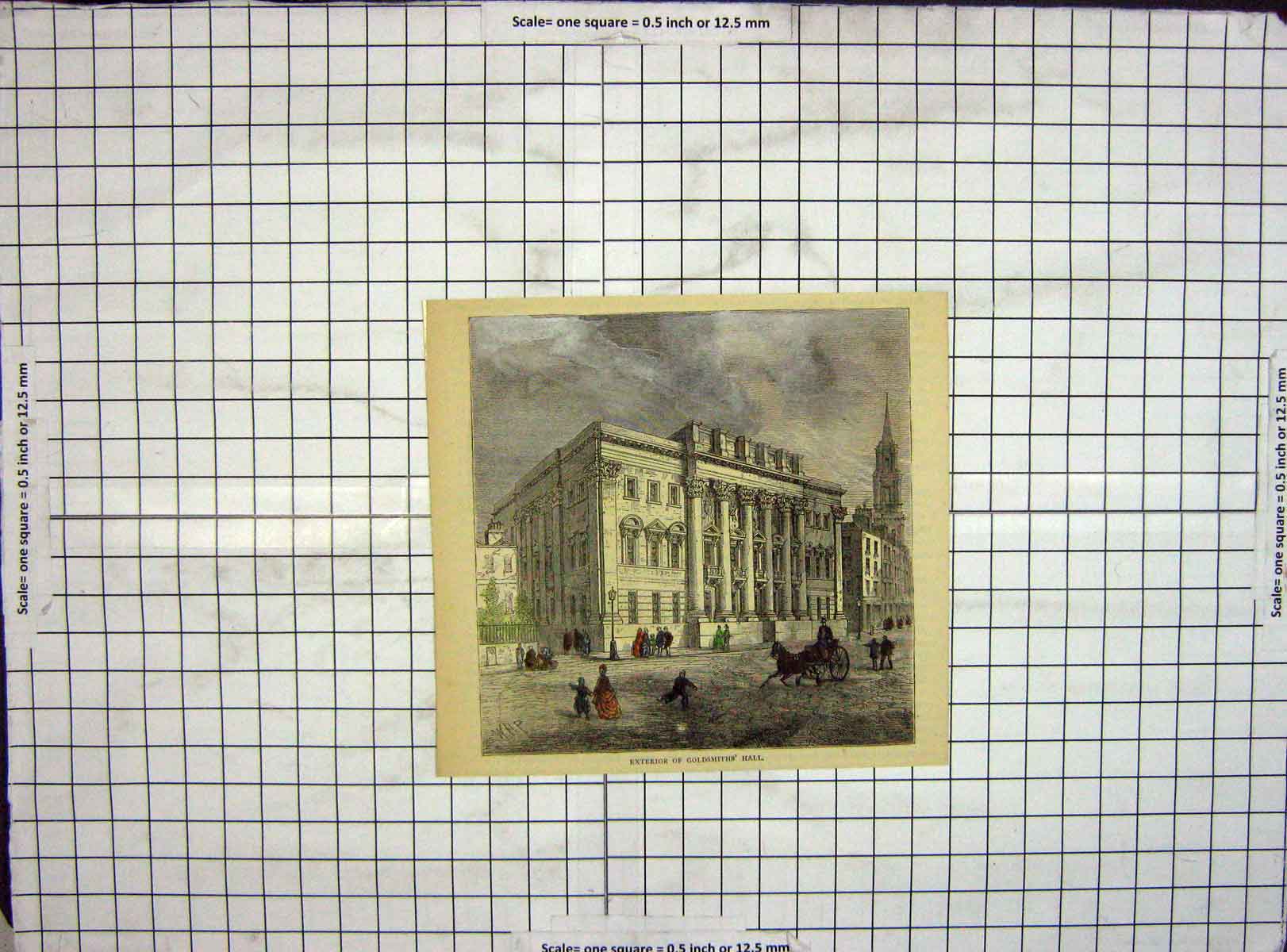 Original Old Antique Print Hand Coloured Exterior Gsmith'S Hall Building 19th