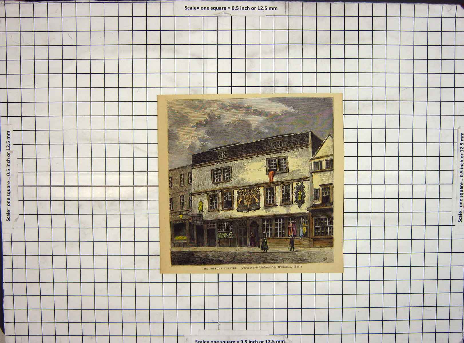 Original Old Antique Print Hand Coloured 1811 Fortune Theatre Building 19th